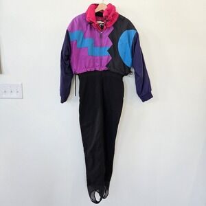 Vtg Tyrolia Ski Suit 80s Womens One Piece Sz 8 Purple Neon Hot Pink Retro